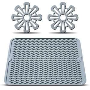 howiseacc silicone dish drying mat and 2 trivets mat,drying mat for kitchen counter, heat resistant mat,easy clean drainboard mat, non-slip dish drainer pad for kitchen counter (l(16"×12"), gray)