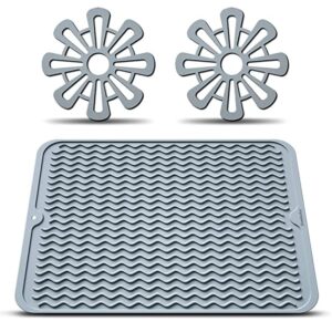 HowiseAcc Silicone Dish Drying Mat and 2 Trivets Mat,Drying Mat For Kitchen counter, Heat Resistant Mat,Easy Clean drainboard mat, Non-Slip Dish Drainer Pad for Kitchen Counter (L(16"×12"), Gray)