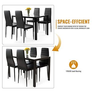 Recaceik Dining Table Set for 4,Kitchen Table and Chairs for 4,Glass Dining Table Set with 4 Upholstered PU Leather Chairs Dining Room Table Set Kitchen Tables for Small Spaces (Black)