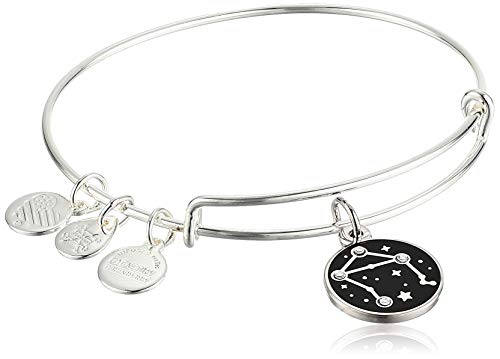 Alex and Ani Zodiac Expandable Bangle for Women, Libra Charm, Black Epoxy and Crystals, Shiny Silver Finish, 2 to 3.5 in