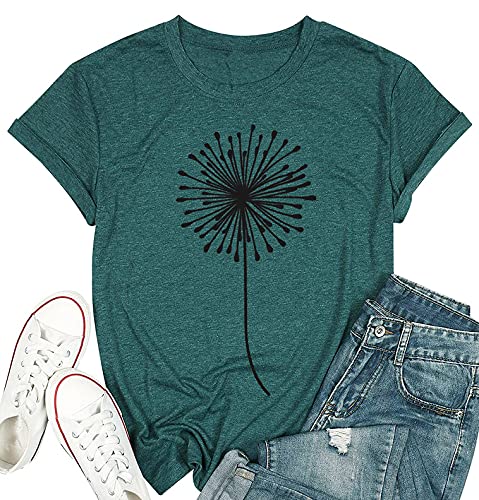 Bealatt Dandelion Graphic Tees for Women Make a Wish T Shirt Women's Flower Graphic Tee Tops Summer Cute Short Sleeve Shirt O Neck Blouse Tops Workout Shirts (Green, M)