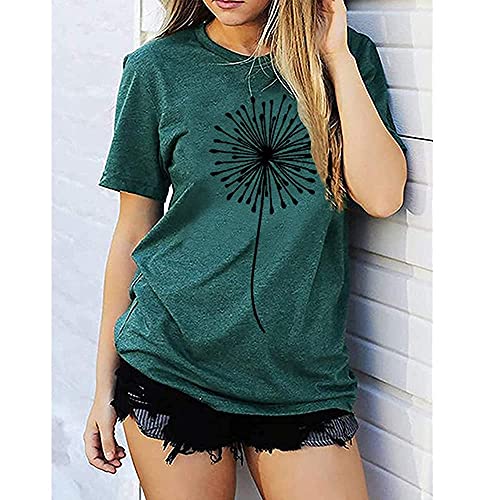 Bealatt Dandelion Graphic Tees for Women Make a Wish T Shirt Women's Flower Graphic Tee Tops Summer Cute Short Sleeve Shirt O Neck Blouse Tops Workout Shirts (Green, M)