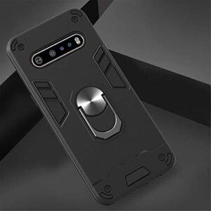 LG V60 ThinQ 5G Case, SATURCASE Armor Hybrid 2 in 1 [PC & Silicone] Dual-Layer Ring Kickstand Bumper Shockproof Protective Case Cover for LG V60 ThinQ 5G (Black)