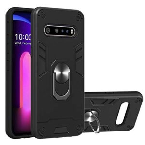 lg v60 thinq 5g case, saturcase armor hybrid 2 in 1 [pc & silicone] dual-layer ring kickstand bumper shockproof protective case cover for lg v60 thinq 5g (black)