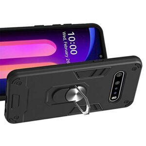 LG V60 ThinQ 5G Case, SATURCASE Armor Hybrid 2 in 1 [PC & Silicone] Dual-Layer Ring Kickstand Bumper Shockproof Protective Case Cover for LG V60 ThinQ 5G (Black)