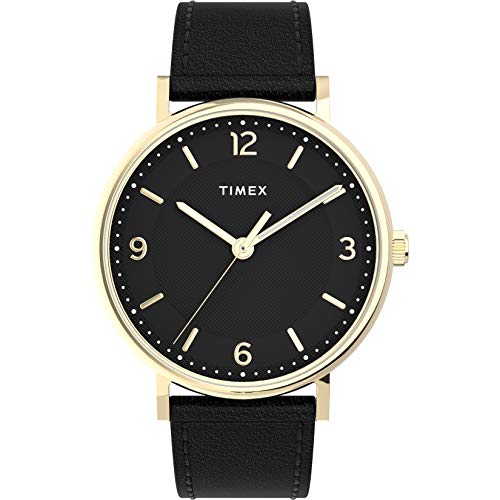 Timex Men's Southview 41mm Watch – Gold-Tone Case Black Dial with Black Leather Strap