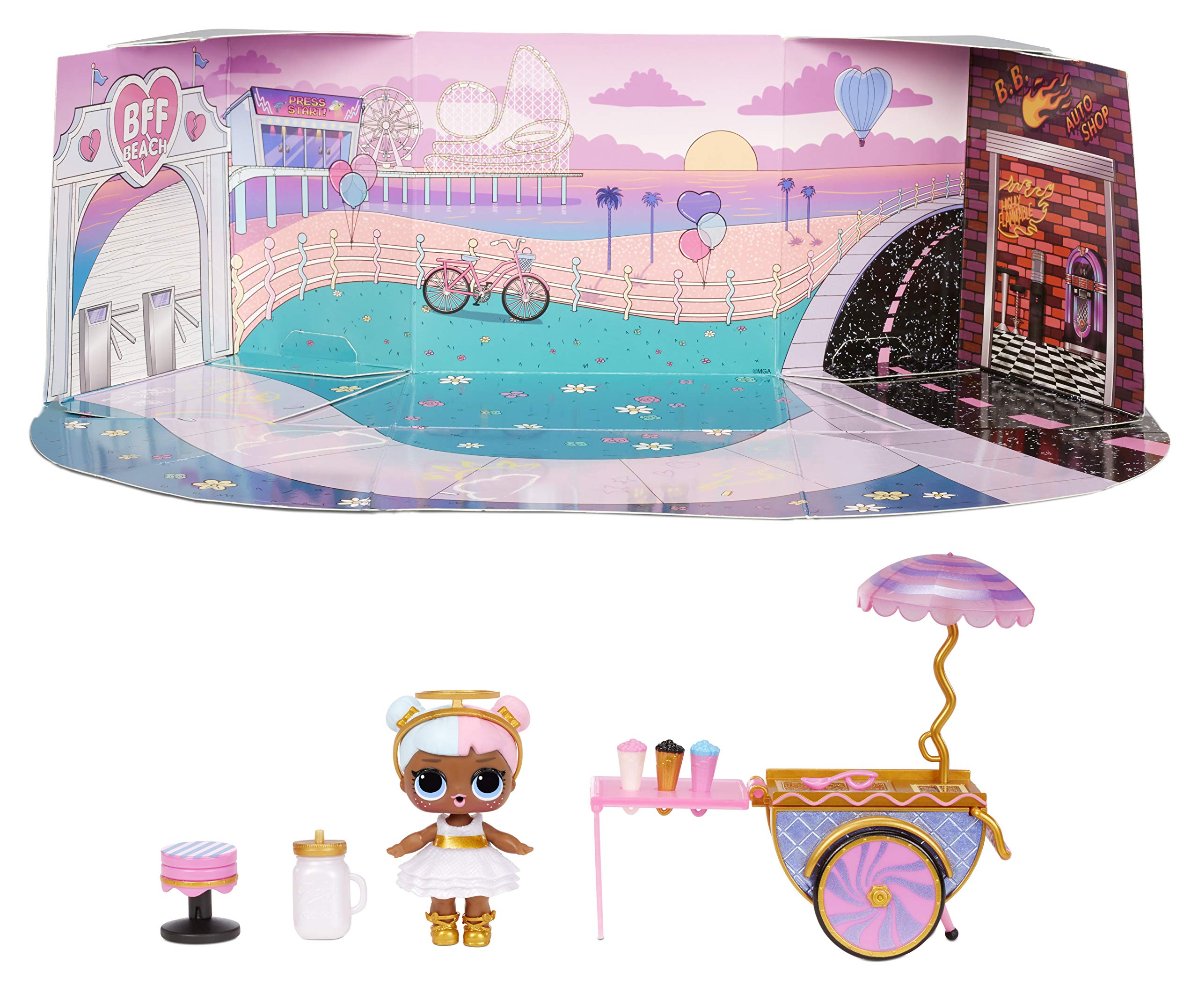 L.O.L. Surprise! LOL Surprise Furniture Sweet Boardwalk with Sugar Doll and 10+ Surprises, Doll Candy Cart Furniture Set, Accessories