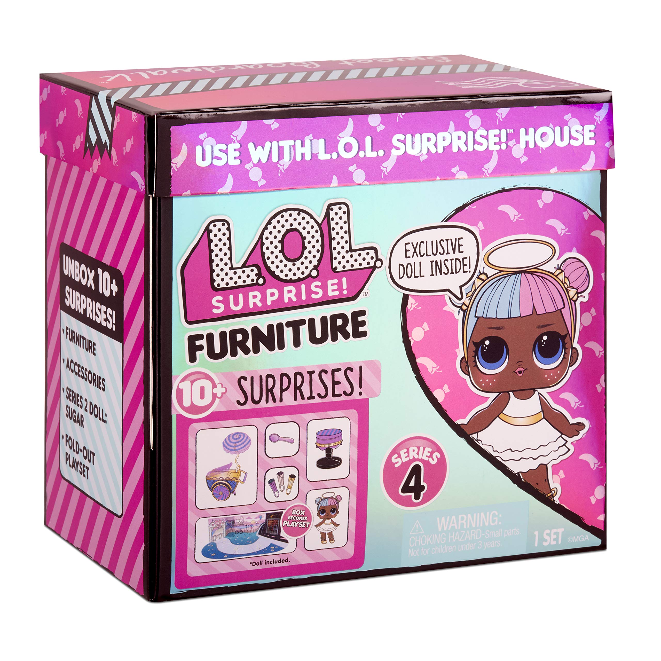 L.O.L. Surprise! LOL Surprise Furniture Sweet Boardwalk with Sugar Doll and 10+ Surprises, Doll Candy Cart Furniture Set, Accessories