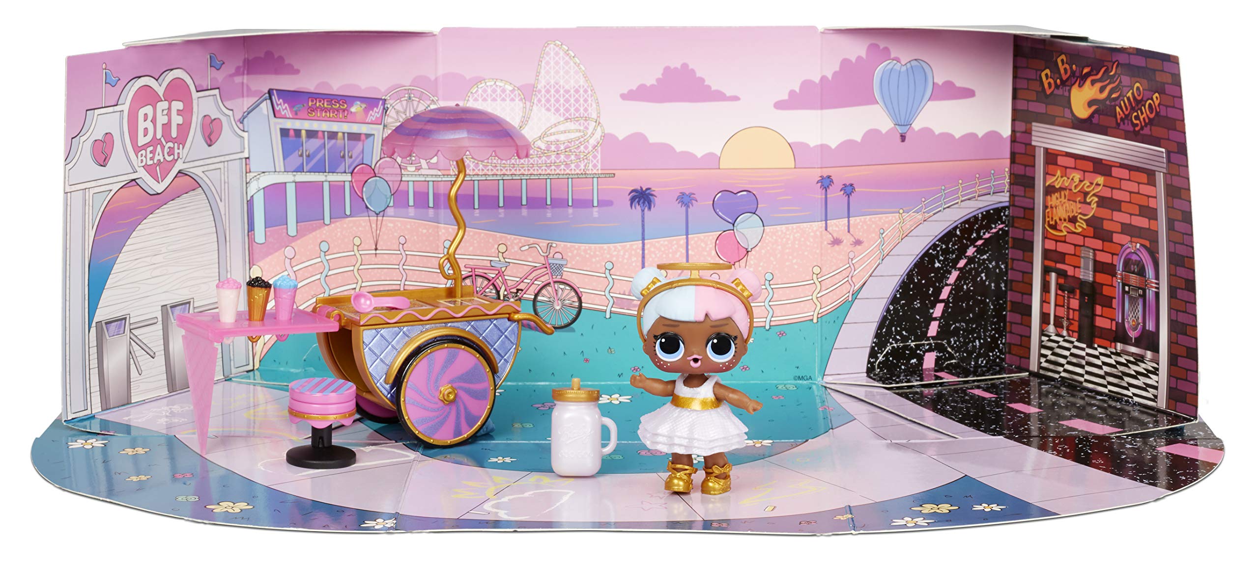 L.O.L. Surprise! LOL Surprise Furniture Sweet Boardwalk with Sugar Doll and 10+ Surprises, Doll Candy Cart Furniture Set, Accessories