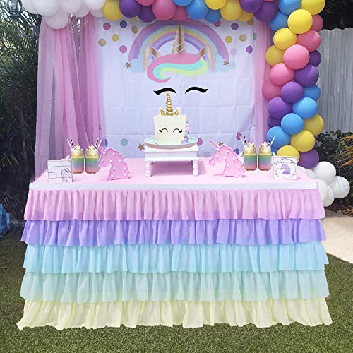 6ft Rainbow Unicorn Tutu Table Skirt for Rectangle Round Tables Chiffon Table Cloth for Unicorn Birthday Party Decorations Baby Shower Parties Ruffle Table Skirting