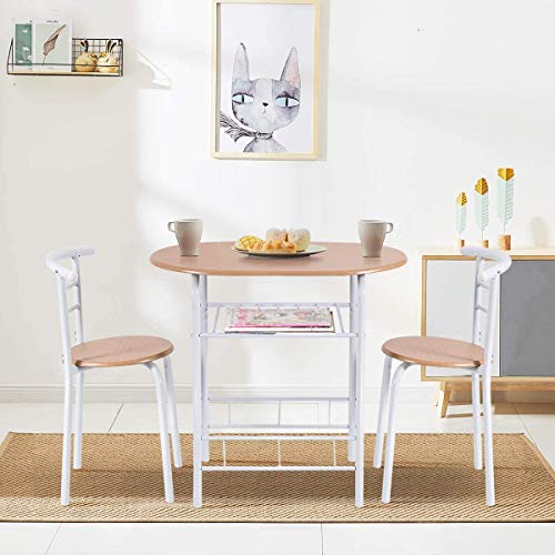 FANTASK 3 Pieces Dining Set, Breakfast Table Set w/Metal Frame and Storage Shelf, Compact Table and 2 Chairs Set for Home Bistro Pub Apartment Kitchen Dining Room Cafe