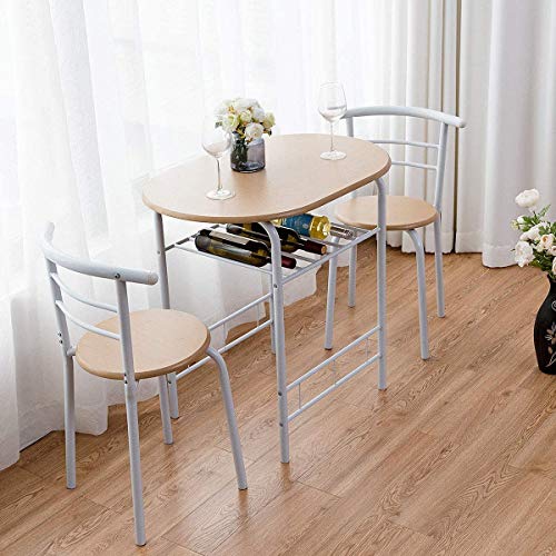 FANTASK 3 Pieces Dining Set, Breakfast Table Set w/Metal Frame and Storage Shelf, Compact Table and 2 Chairs Set for Home Bistro Pub Apartment Kitchen Dining Room Cafe