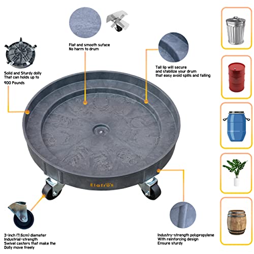 ELAFROS 30 Gallon and 55 Gallon Heavy Duty Plastic Drum Dolly – Durable Plastic Drum Cart 900 lb. Capacity- Barrel Dolly with 5 Swivel Casters Wheel,Grey