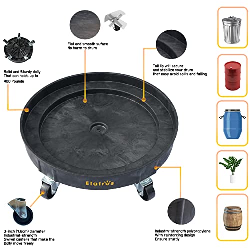 ELAFROS 30 Gallon and 55 Gallon Heavy Duty Plastic Drum Dolly – Durable Plastic Drum Cart 900 lb. Capacity- Barrel Dolly with 5 Swivel Casters Wheel,Black