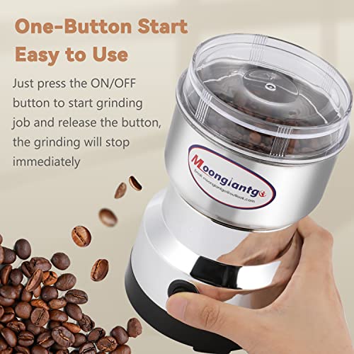 Moongiantgo Mini Spice Coffee Grinder Electric 10s Fast Grinding Multifunction Smash Machine Dry Grain Mill Grinder for Spices Seeds Rice Beans Seasonings (Silver, 110V)