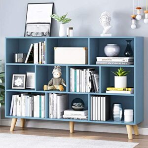 iotxy wooden open shelf bookcase - 3-tier floor standing display cabinet rack with legs, 10 cubes bookshelf, bright blue