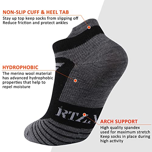 RTZAT Wool Running Socks, 90% Merino Wool Socks Men and Women No Show Low Cut 3 Pairs Cushioned Athletic Moisture Wicking Running Ankle Sock,Black&Dark Gray, Medium