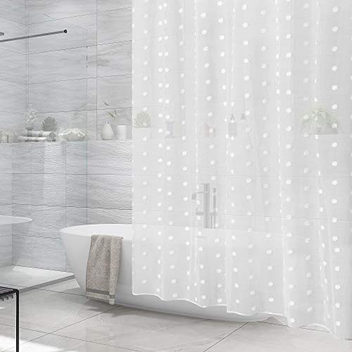 Barossa Design Pure White Sheer Shower Curtain -Soft Light-Weight Faux Linen Polyester & Sheerness Shower Curtain with Pom Poms for Girls Bathroom - 72x72