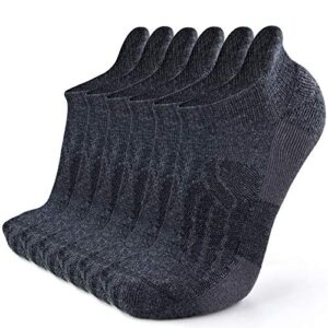 busy socks hiking socks merino wool for men women, no show merino wool dress performance support athletic cushion tab socks, dark grey, large, 6 pairs