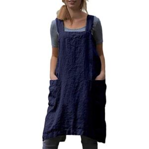 yesdoo cotton linen apron cross back apron for women with pockets pinafore dress for baking cooking,blue,xx-large