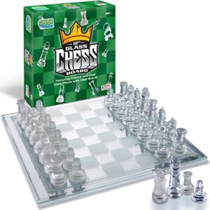 gamie glass chess set, elegant design - durable build - fully functional - 32 frosted and clear pieces - felted bottoms - easy to carry - reassuringly stable (12 inch)