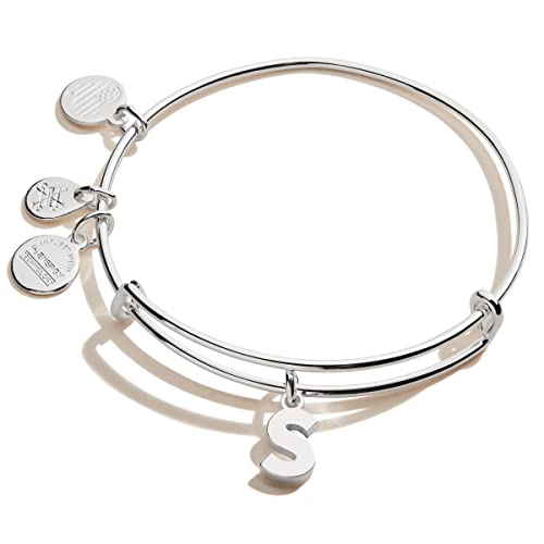 Alex and Ani Expandable Bangle for Women, Initial S Letter Charm, Shiny Silver Finish, 2 to 3.5 in