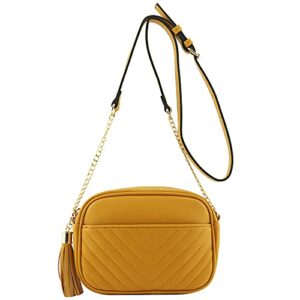 fashionpuzzle chevron quilted crossbody camera bag with chain strap and tassel (mustard) one size