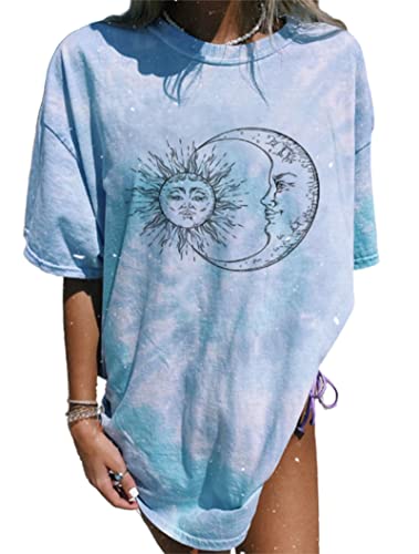 Remidoo Women's Short Sleeve Sun and Moon Print Tie Dye T Shirt Top Casual Tees Loose Blouse Blue Medium