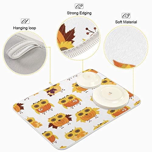 Nander Lovely Owl Pumpkin Sunflower Eyes Dish Drying Mat for Kitchen Counter, Absorbent Reversible Dish Draining Mat,Rack Pad for Countertop, 18 x 24 Inches