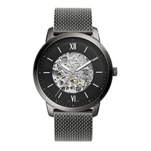 fossil men's neutra automatic stainless steel mesh three-hand skeleton watch, color: smoke (model: me3185)