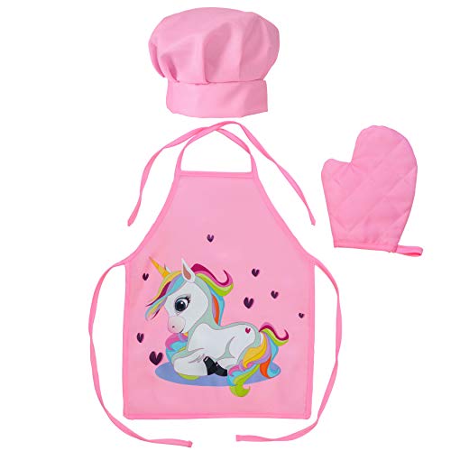 Next Milestones Kids Cute Unicorn Apron Pink Chef Hat and Mitt for Kitchen Play Cooking Baking Fun (Small)