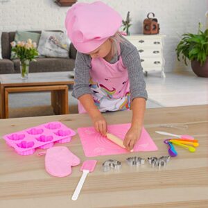 Next Milestones Kids Cute Unicorn Apron Pink Chef Hat and Mitt for Kitchen Play Cooking Baking Fun (Small)