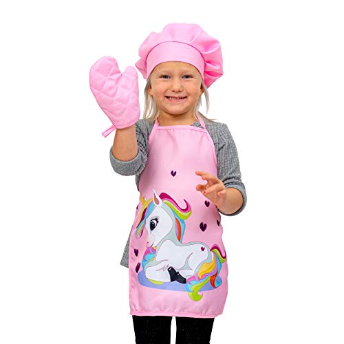 Next Milestones Kids Cute Unicorn Apron Pink Chef Hat and Mitt for Kitchen Play Cooking Baking Fun (Small)