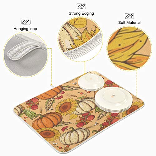 Dish Drying Mat for Kitchen Counter Absorbent Reversible Microfiber Sink Mats Large, Pumpkin And Sunflower 18x24 inch