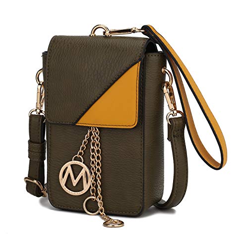 MKF Collection Crossbody Cellphone Purse for Women – PU Leather Wallet Handbag, Wristlet Strap Clutch Bag Card Slots Olive-Mustard