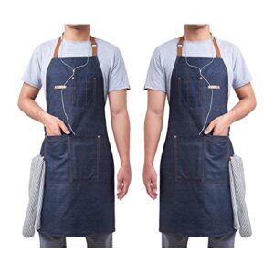 kpd 2 pack blue unisex adjustable bib denim apron for family chef, kitchen, bbq and studio,cooking apron for kitchen and home