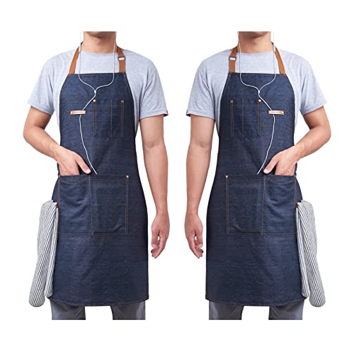 KPD 2 Pack Blue Unisex Adjustable Bib Denim Apron for Family Chef, Kitchen, BBQ and Studio,Cooking Apron for Kitchen and Home