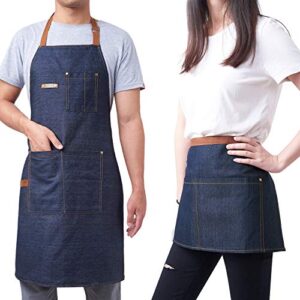 KPD 2 Pack Blue Unisex Adjustable Bib Denim Apron for Family Chef, Kitchen, BBQ and Studio,Cooking Apron for Kitchen and Home