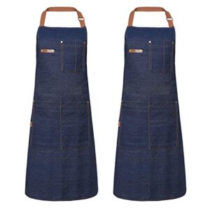 KPD 2 Pack Blue Unisex Adjustable Bib Denim Apron for Family Chef, Kitchen, BBQ and Studio,Cooking Apron for Kitchen and Home