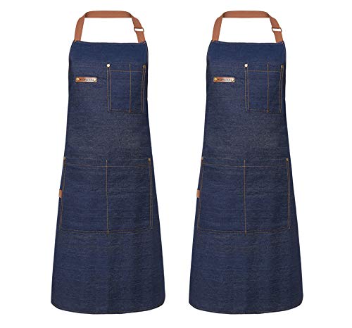 KPD 2 Pack Blue Unisex Adjustable Bib Denim Apron for Family Chef, Kitchen, BBQ and Studio,Cooking Apron for Kitchen and Home