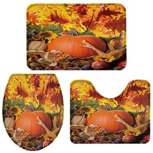 meet 1998 3 pcs bath rug set autumn leaves happy thanksgiving day pumpkin sunflowers water absorbent bathroom mat non-slip u-shaped toilet mat toilet seat cover for tub shower bathroom -small