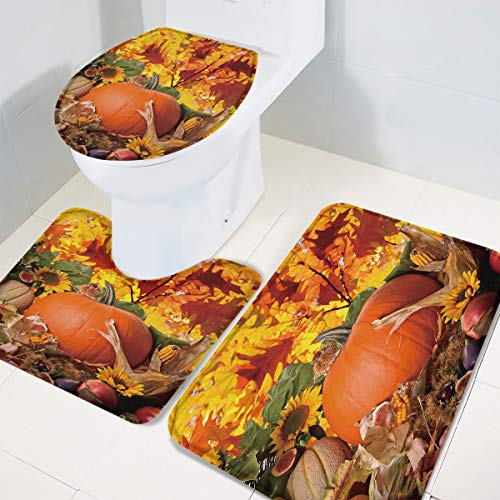 Meet 1998 3 Pcs Bath Rug Set Autumn Leaves Happy Thanksgiving Day Pumpkin Sunflowers Water Absorbent Bathroom Mat Non-Slip U-Shaped Toilet Mat Toilet Seat Cover for Tub Shower Bathroom -Small