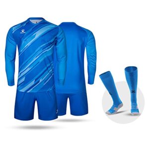 kelme men goalkeeper padded jersey and shorts, youth soccer goalie long sleeve uniform, adult keeper kit shirts pants socks blue 2xl