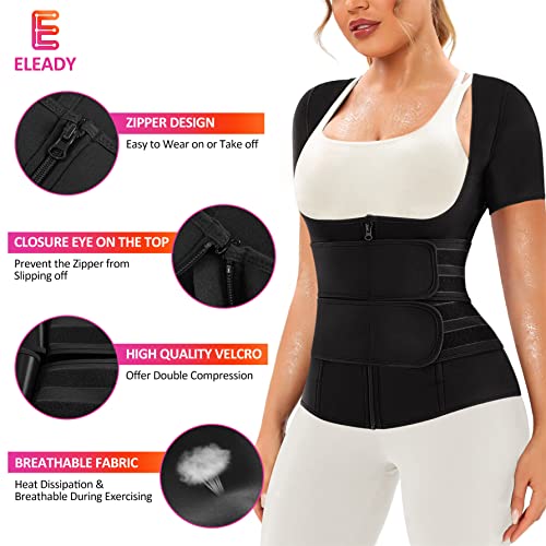 Eleady Women Waist Trainer Corset Trimmer Belt Neoprene Sauna Sweat Suit Zipper Body Shaper with Adjustable Workout Tank Tops (Black, Large)