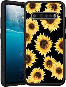 lg v60 case, lg v60 thinq case, beroset cute yellow sunflowers black customized design printed hybrid hard shock soft tpu bumper protective phone case for lg v60 thinq 5g (2020 release)