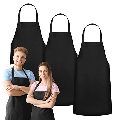 GREEN LIFESTYLE 3 Pack Bib Apron - Unisex Black Aprons, Machine Washable Aprons for Men and Women, Kitchen Cooking BBQ Aprons Bulk (Pack of 3, No Pockets, Black)