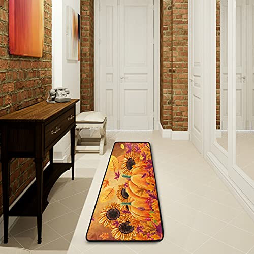 Fall Sunflower Pumpkins Runner Rug Kitchen Autumn Maple Leaf Butterfly Non Slip Doormat Area Rugs Runner Mats for Hallway Bedroom Bathroom Entryway Indoor Living Room Carpet Floor Mat 2X6 ft