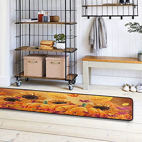 Fall Sunflower Pumpkins Runner Rug Kitchen Autumn Maple Leaf Butterfly Non Slip Doormat Area Rugs Runner Mats for Hallway Bedroom Bathroom Entryway Indoor Living Room Carpet Floor Mat 2X6 ft