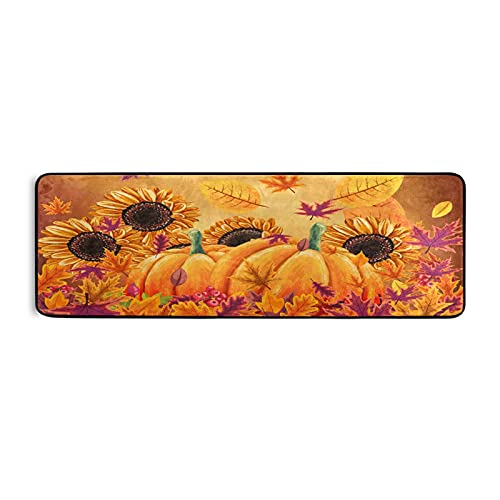 Fall Sunflower Pumpkins Runner Rug Kitchen Autumn Maple Leaf Butterfly Non Slip Doormat Area Rugs Runner Mats for Hallway Bedroom Bathroom Entryway Indoor Living Room Carpet Floor Mat 2X6 ft