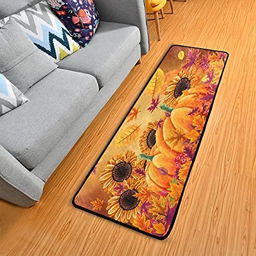 Fall Sunflower Pumpkins Runner Rug Kitchen Autumn Maple Leaf Butterfly Non Slip Doormat Area Rugs Runner Mats for Hallway Bedroom Bathroom Entryway Indoor Living Room Carpet Floor Mat 2X6 ft